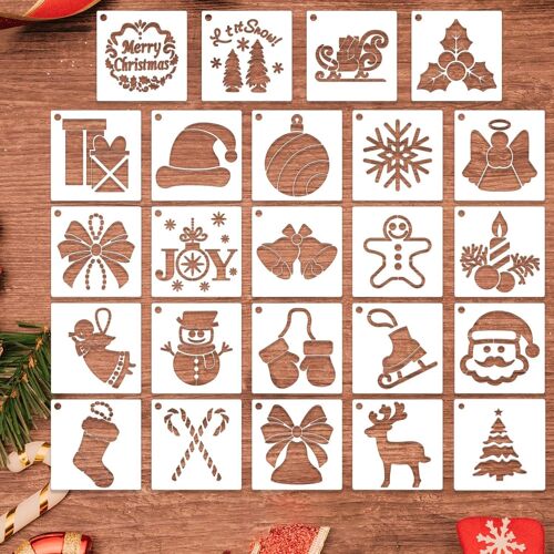 24pcs Pochoirs Peinture De Noël - Petits Pochoirs Réutilisables Dessin Flocon Père Noël Et D'Arbre Noël Pour Bricolage