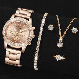 Ensemble De Montres En Or Pour Femmes, Bague De Luxe, Collier, Boucles D'oreilles, Biscuits, Montre-Bracelet À La Mode, Montres Décontractées Pour Femmes, Ensemble De Bracelets, 5 Pièces Rose Gold