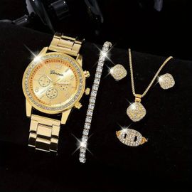 Ensemble De Montres En Or Pour Femmes, Bague De Luxe, Collier, Boucles D'oreilles, Biscuits, Montre-Bracelet À La Mode, Montres Décontractées Pour Femmes, Ensemble De Bracelets,Xr2634-Go2-H151-H183