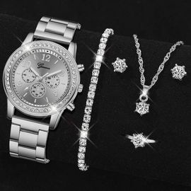 Ensemble De Montres En Or Pour Femmes, Bague De Luxe, Collier, Boucles D'oreilles, Biscuits, Montre-Bracelet À La Mode, Montres Décontractées Pour Femmes, Ensemble De Bracelets, 5 Pièces Argent