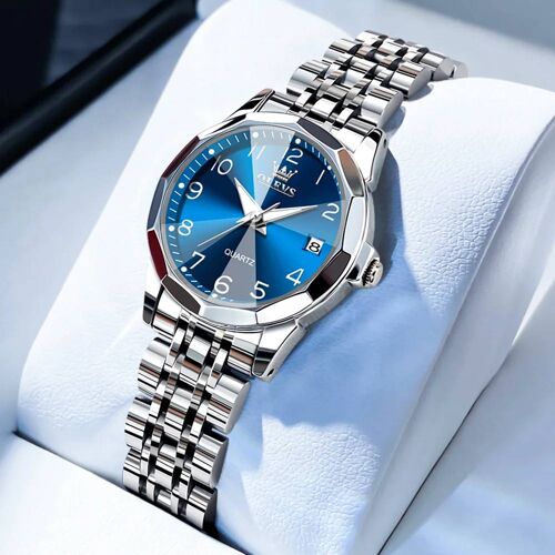Montre À Quartz Pour Femmes, Élégante, Mode, Marque De Luxe, E, Étanche, Acier Inoxydable, Date Lumineuse A-Silver Blue