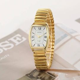Montre À Quartz Élégante Simple En Forme De Baril À La Mode Pour Femmes Bande Élastique Rétro Montre Pour Femme Or