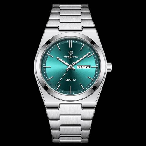Luxe Sport Quartz Homme Montre-Bracelet Étanche Lumineux Date Semaine Hommes Montres En Acier Inoxydable Montre Pour Hommes Mâle Reloj + Boîte Silver Green