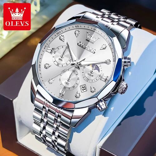 3670 Montre À Quartz Chronographe Multifonctionnelle Pour Hommes Étanche Phase De Lune Lumineuse-Montre Pour Hommes À La Mode Cadeau Sliver White