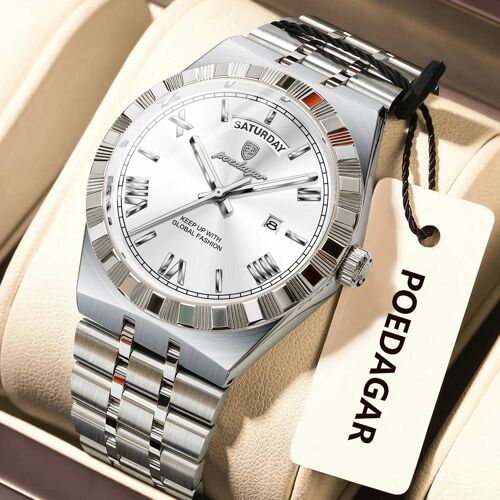 Montres De Mode Pour Hommes Semaine Date Étanche Lumineux Homme Montre En Acier Inoxydable Quartz Hommes Montre-Bracelet Exquise Reloj 675 Silver White