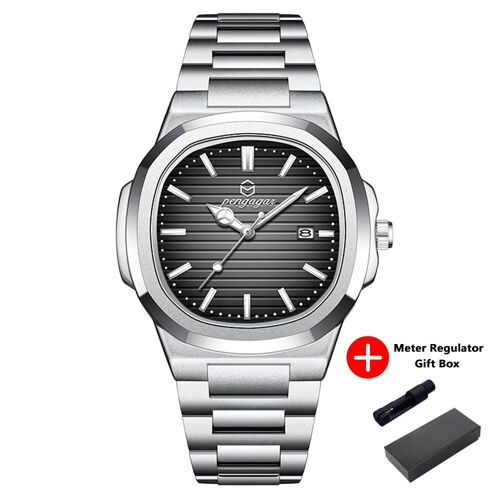 Luxe Carré Mode Homme Montre-Bracelet Étanche Lumineux Date Semaine Quartz Hommes Montres En Acier Inoxydable Hommes Montre Reloj Silver Black