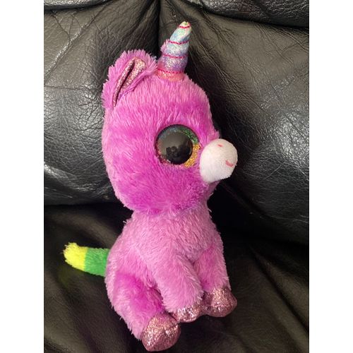 Peluche ty beanies multicolore rosette la licorne rose et violette yeux brillants 18cm