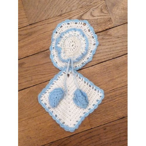 2 Maniques Losanges En Laine Blanc Et Bleu Fait Main S'accrochant-