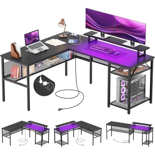 Bureau Gaming en Forme de L,140 x 116 x 76 cm Bureaux à Domicile avec LED et Prises,Bureau d'Angle avec Étagères Rangement pour Etudier Travailler Chambre Domicile,Noir