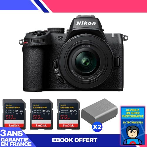 Boitier Nikon Z50 II + 16-50mm f/3.5-6.3 VR + 3 SanDisk 512GB Extreme PRO UHS-II SDXC + 2 Nikon EN-EL25a + Ebook 'Devenez Un Super Photographe'