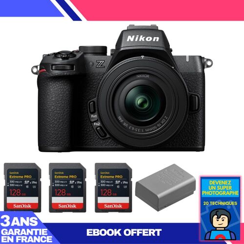 Boitier Nikon Z50 II + 16-50mm f/3.5-6.3 VR + 3 SanDisk 128GB Extreme PRO UHS-II SDXC + Nikon EN-EL25a + Ebook 'Devenez Un Super Photographe'