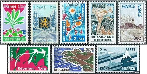 France 1977, Belle Série Complète Régions, Yvert 1914 Réunion 1915 Martinique 1916 Franche Comté 1917 Bretagne 1918 Languedoc Roussilon 1919 Rhône Alpes 1920 Champagne 1921 Alsace, Oblitérés, Tbe.