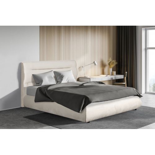 Lit Double Avec Coffre En Velours "Chamonix" - 140 X 190 Cm - Beige