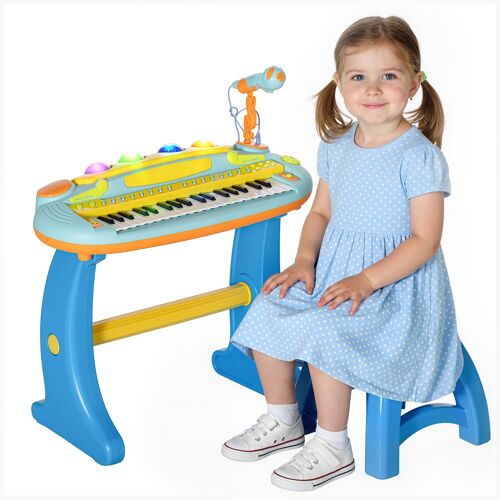 Clavier musical pour enfant - piano enfant avec tabouret et micro - 37 touches, 22 chansons, 8 instruments et rythmes - jaune bleu