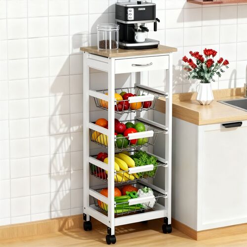 Desserte Chariot De Cuisine Sur Roulettes - 4 Paniers Coulissants, Tiroir, Plateau - Bois Blanc Mdf Bois Clair