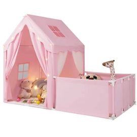 Costway 2 En 1 Tente De Jeux Enfant Avec Parc, Rideaux De Porte, Fenêtres, Lumières Étoilées Et Tapis En Coton Lavable, 3+ Ans Rose