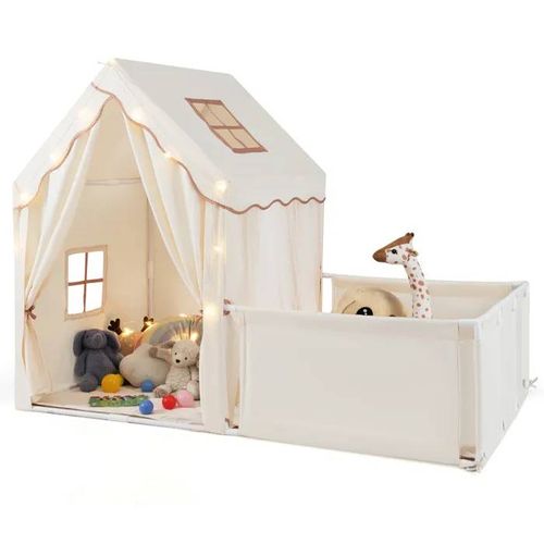 Costway 2 En 1 Tente De Jeux Enfant Avec Parc, Rideaux De Porte, Fenêtres, Lumières Étoilées Et Tapis En Coton Lavable 3+Ans Beige