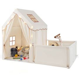 Costway 2 En 1 Tente De Jeux Enfant Avec Parc, Rideaux De Porte, Fenêtres, Lumières Étoilées Et Tapis En Coton Lavable 3+Ans Beige