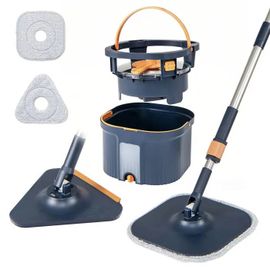 Serpillère COSTWAY avec Seau et 3 Tampons Réutilisables, Rotatives à 360°avec Essoreuse, Fonction Lavage et Séchage Bleu