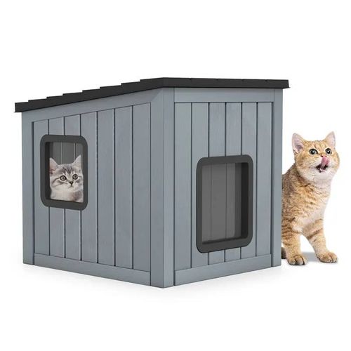 Maison Pour Chat Intérieur Extérieur Costway, 2 Porte En Pvc, Toit En Pente, Maison Pour Animaux Compagnie Pour Chats Chiens Lapins