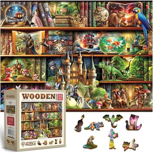 Puzzle en Bois 1000 Pièces WOODEN.CITY - Scènes Magiques d'Étagères - Cadeau Idéal pour Amateurs de Livres.