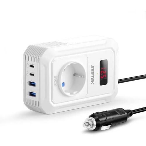Bestek Convertisseur 200w 12v À 220-240v, Chargeur Voiture Avec 4 Ports Usb (Pd65w, Pd30w, 2qc18w) Et Prise Eu, Sécurité¿.