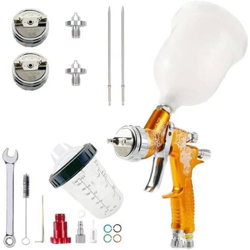Pistolet HVLP Pulvérisateur d'Air 1,3mm/1,8mm Buse Acier Inox Kit Peinture 600ml + Tasse 400ml.