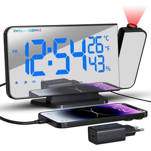 TAKRINK Réveil à Projection LED 5,5" avec Double Alarme, USB, Radio FM, Température.