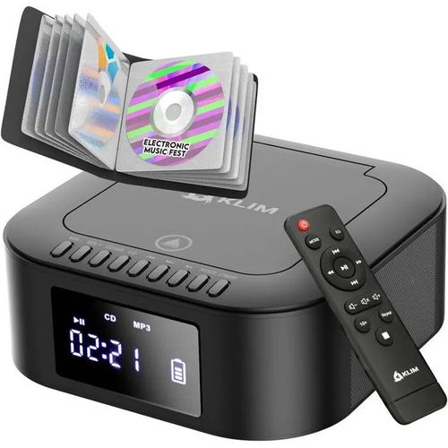 KLIM Boombox E1 Radio CD Portable - Extra Bass Subwoofer, FM, Bluetooth, USB, MP3 - Piles Rechargeables, Télécommande Incluse.