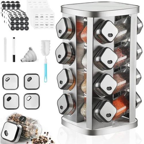 Carrousel À Épices Rotatif 360° En Acier Inoxydable - 16 Pots En Verre 120ml Avec Étiquettes.