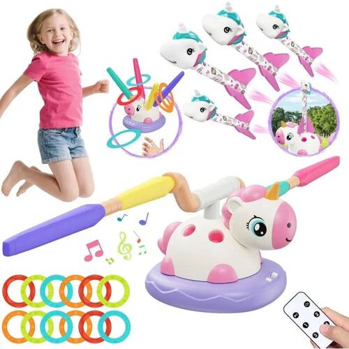 Fozcmisw Jeu D'extérieur Licorne 3 En 1 Enfants - Saut Musical, Lance-Fusée, Lancer D'anneaux - Cadeau Idéal 3-6 Ans Fille Garçon.