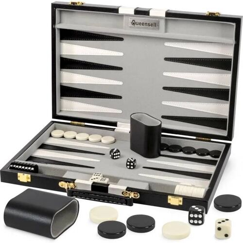 Jeu De Backgammon En Cuir Pu Noir 15" Pour Adultes - Set De Voyage Classique Avec 32 Pièces, Dés Et Gobelets.