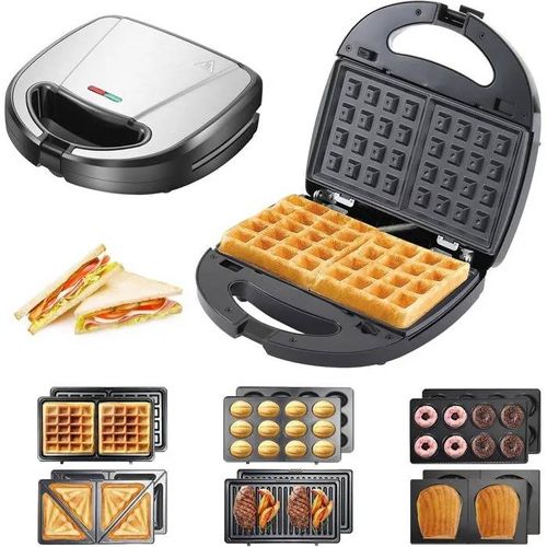 Gaufrier Multifonction 6-en-1 750W - Appareil Croque Monsieur & Sandwichs avec 6 Plaques Antiadhésives Détachables.