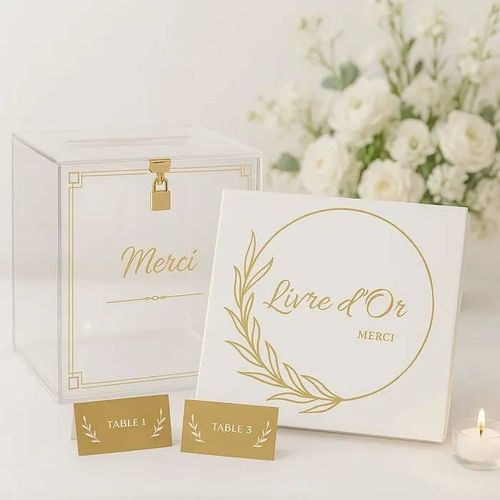 Urne Transparente Mariage Champêtre avec Livre d'Or et 100 Marque-Places, Boîte Acrylique pour Cartes.