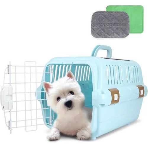 Cage Rigide Pour Chiens Et Chats, 2 Portes, Aérée, Animaux Jusqu'à 10kg, Idéale Voyages/Camping (Bleu).