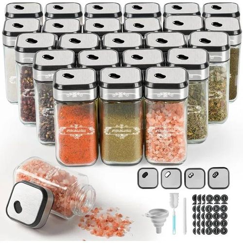 Sxtihd 24 Pots À Épices En Verre 120ml - Couvercle Acier Inoxydable Hermétique, Étiquettes Incluses.