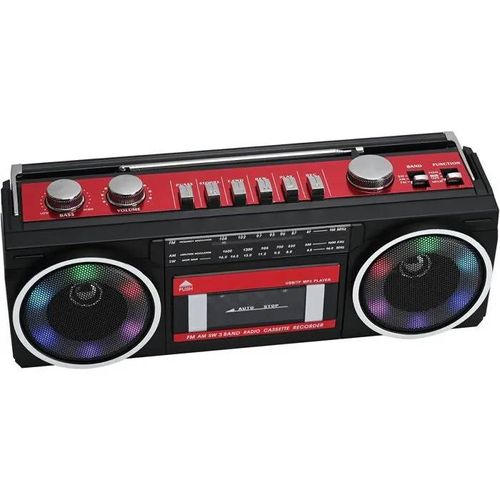 Boombox Portable Rouge: Radio AM/FM/SW, Lecteur-Enregistreur Cassette, MP3 Bluetooth USB, Lumières RGB, Carte TF.