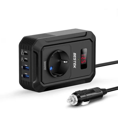 Bestek Convertisseur 12v-240v 200w Avec 4 Ports Usb, Prise Eu, Protection Avancée, Compact.