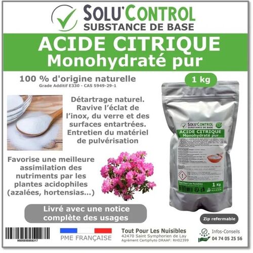 Acide citrique monohydraté pur 1 kg - 100% d'origine naturel - Nettoyer, détartrer, raviver l'inox et corriger le pH