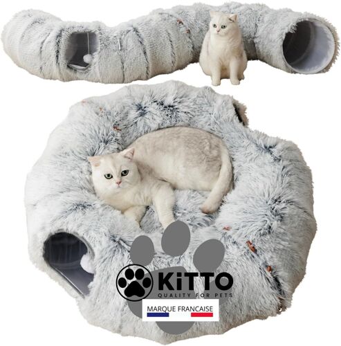 Kitto - Tunnel Pour Chat - Panier Moelleux Avec Coussin Lit - Tunel Cat Jeu - Cabane, Niche - Tunnelle Modulable - Rond -Convient Pour Chat Xxl, Petit Chien, Lapin, Furet - 12 Attaches En Bois