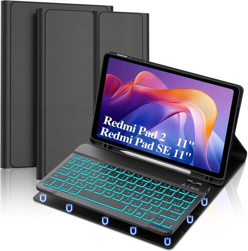 Étui Clavier pour XIAOMI Tablet Redmi Pad 2 11"" 2025 /Xiaomi Redmi PadSE WiFi 11"" 2023 - AZERTY Français Bluetooth Magnétique Détachable,Rétroéclairage 7 Couleurs, Noir