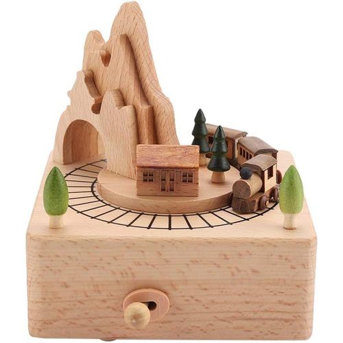 Boîte à musique en hêtre avec son cristallin et train tournant - Boîte à musique artisanale en bois naturel pour décoration d'intérieur, cadeau élégant pour anniversaire ou Noël