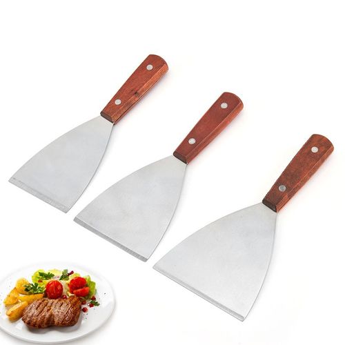 Spatule en Acier Inoxydable avec Poignée en Bois Naturel 3 Pièces Ensemble pour Crêpes Steak Burgers Grill Teppanyaki Nettoyage Facile Lame Biseautée Rectangulaire