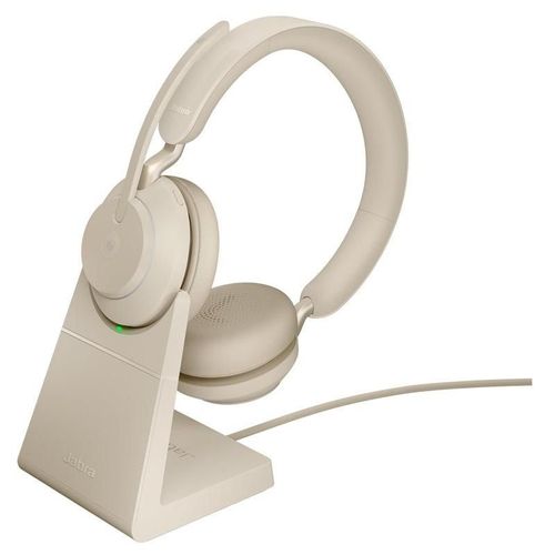 Jabra Evolve2 65 MS Stereo - Micro-casque - sur-oreille - Bluetooth - sans fil - USB-C - isolation acoustique - beige - avec support de chargement - Certifié pour Microsoft Teams