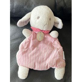 JACADI DOUDOU MOUTON PLAT BLANC DEVANT TISSU RAYE ROSE 18CM