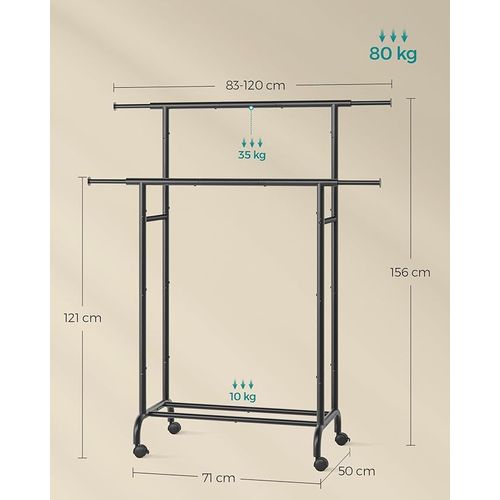 Porte-Manteau à Roulettes, Portant à Vêtements Double Barre, Porte-vêtements Extensible, Structure en Métal Robuste, Capacité Totale 80 kg, 83-120 cm de Large, Noir