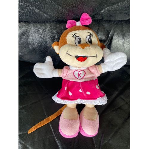 Doudou peluche mascotte de kingoland singe fille marron robe rose à points blanc 28cm