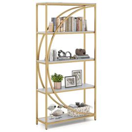 Bibliothèque À 5 Niveaux Costway, Rayonnages Ouverts, Design En Arc, Cadre En Métal, Étagère Autoportante Pour Salon Bureau, Doré