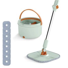 Serpillère COSTWAY avec Seau et 8 Lingettes Lavables Réutilisable, Rotative à 360°avec Essoreuse, Fonction Lavage et Séchage Vert