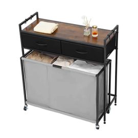 Panier à Linge à 3 Compartiments avec Roulettes-Duoku-Plateau en Bois-2 Tiroirs et Crochets pour Vêtements, Buanderie, Chambre